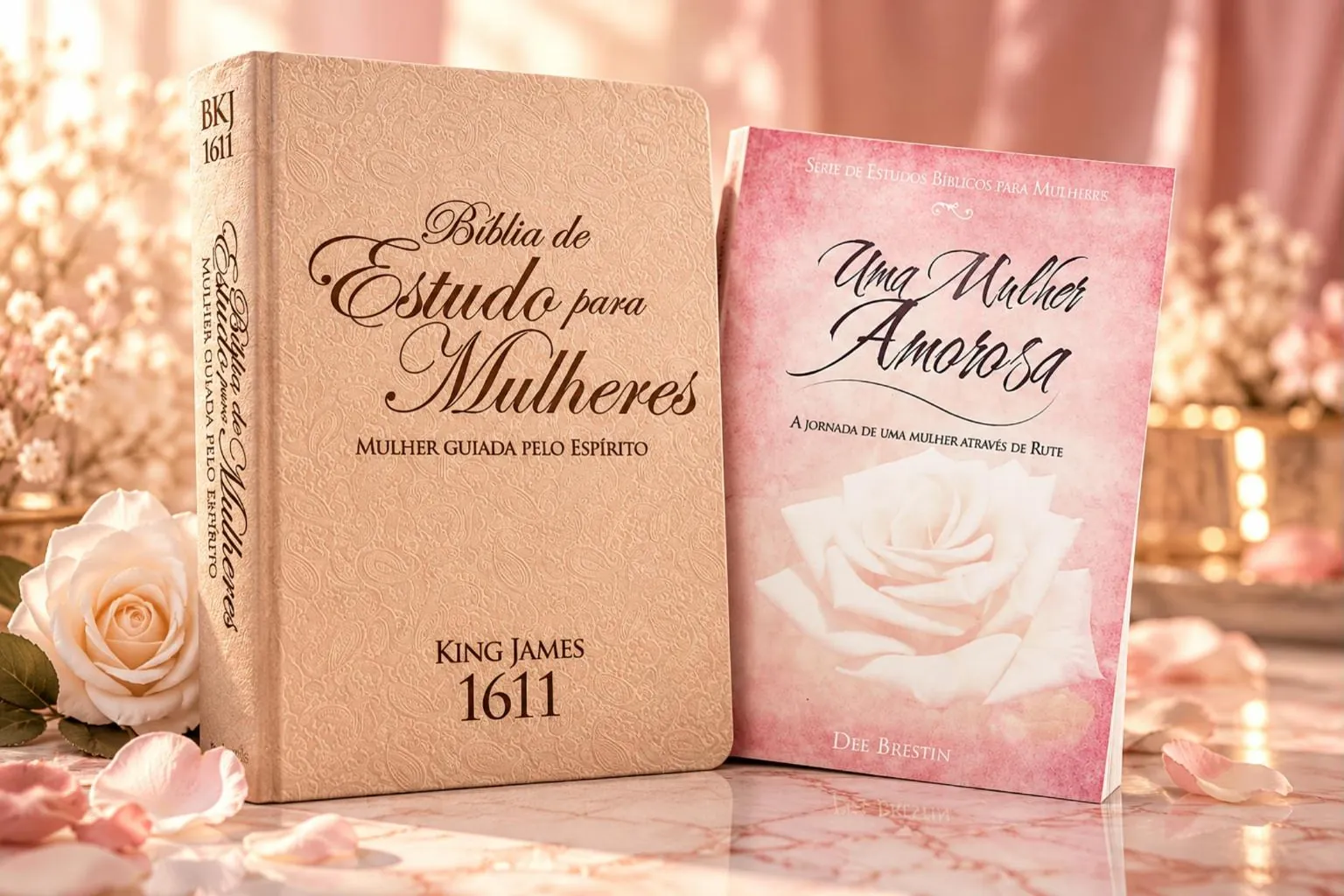Kit Mulher: Bíblia de Estudo para Mulheres e Uma Mulher Amorosa, com rosas brancas e pétalas